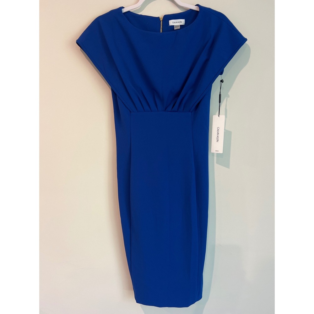 Calvin Klein Cobalt Blue Pleated Sheath Dress Size 2 Cap Sleeve Gold Zipper NWT‎